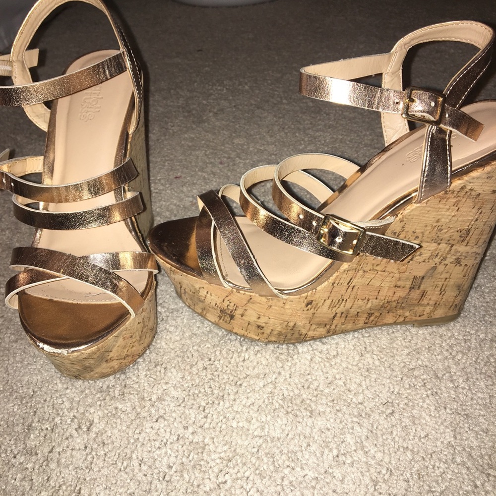 rose gold strappy wedges